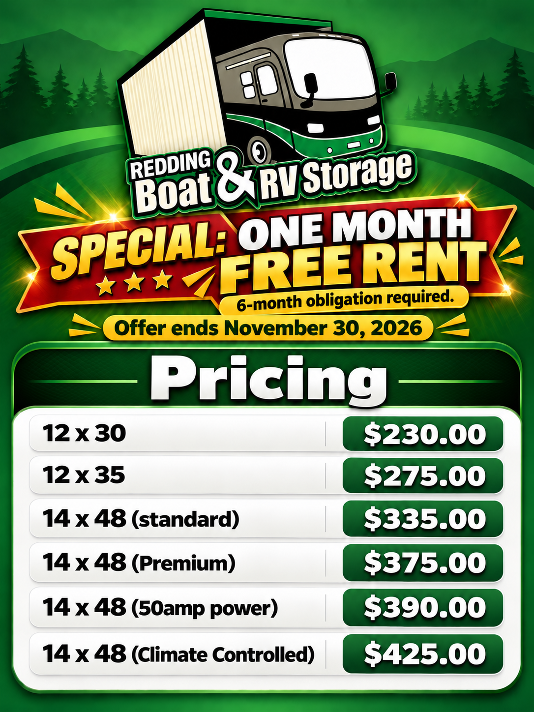 Redding Boat and RV Storage pricing with one month free rent special, six-month obligation required, and offer ends November 30, 2026.